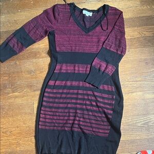 Pink Rose Long Sleeve Striped Dress - Black and Burgundy